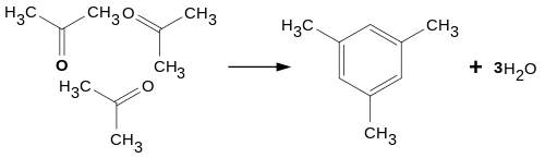 При конденсации трех молекул ацетона под действием концентрированной   серной   или   соляной   кислоты образуется симметричный триметилбензол (   мезитилен   ):